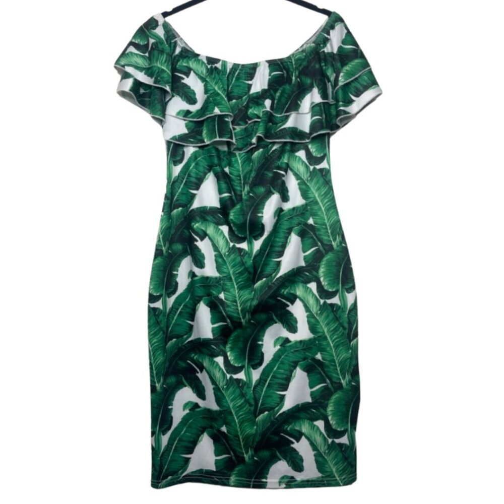UNBRANDED | Ruffle Off The Shoulder Tropical Palm Print Dress | Size L